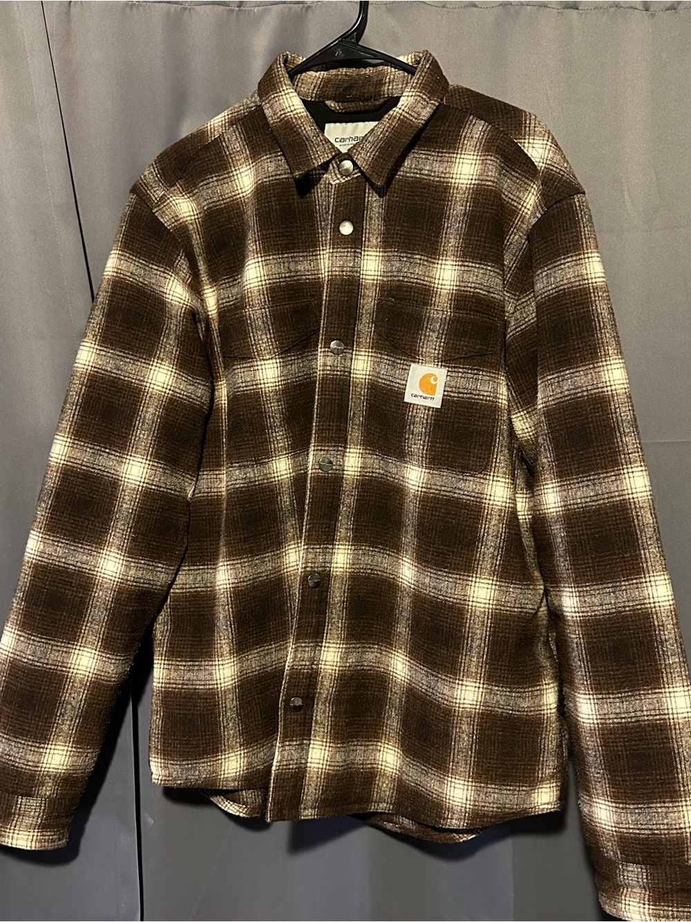 Carhartt WIP Lashley Shirt Jacket in Brown & Cream Plaid, men’s large